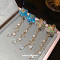 Silver Needle Crystal Beaded Floral Freshwater Pearl Tassel Drop Earrings Light Luxury Style view 4
