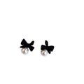 French Retro Flocked Bow Faux Pearl Stud Earrings With Silver Pins view 5