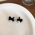 French Retro Flocked Bow Faux Pearl Stud Earrings With Silver Pins view 4