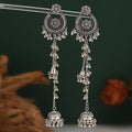 Vintage Rhinestone Flower Bell Long Tassel Bohemian Ethnic Silver Alloy Jhumka Statement Earrings view 2