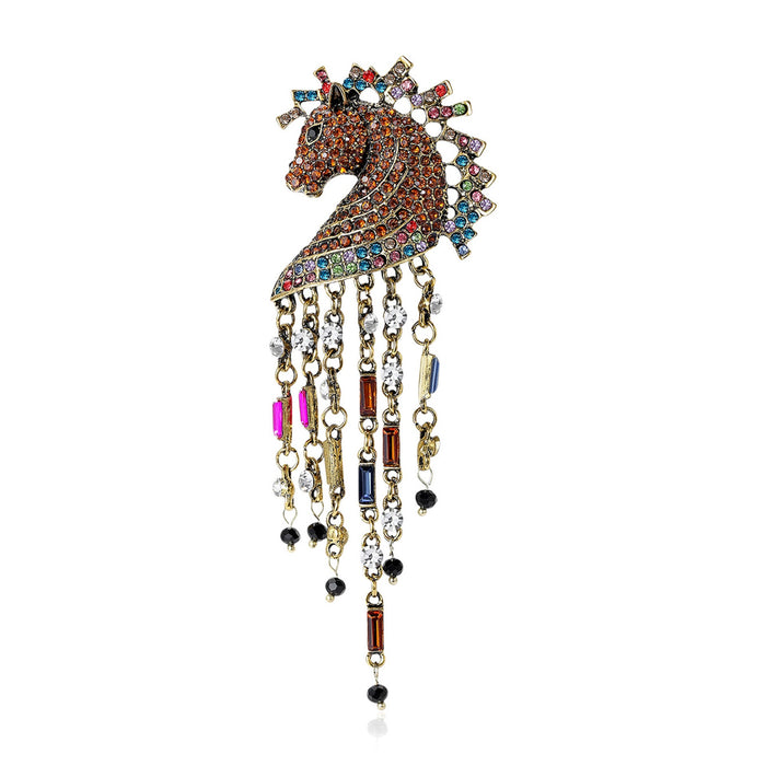 Alloy Rhinestone Horse Head Tassel Brooch Pin For Coats