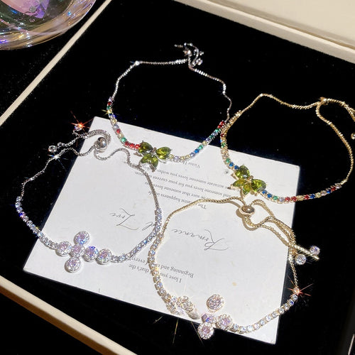 Light Luxury Copper Zircon Butterfly Bow Cross Pendant Adjustable Bangle Bracelet