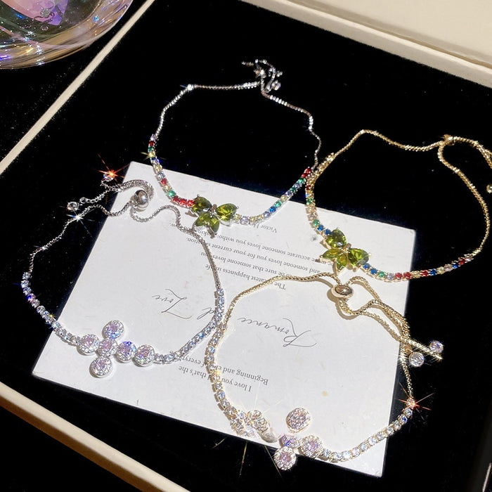 Light Luxury Copper Zircon Butterfly Bow Cross Pendant Adjustable Bangle Bracelet