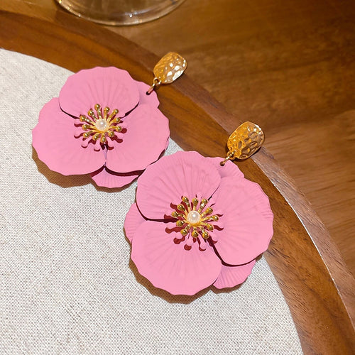 Sweet Floral Faux Pearl Drop Earrings With Silver Needle And Painted Flower Pendant