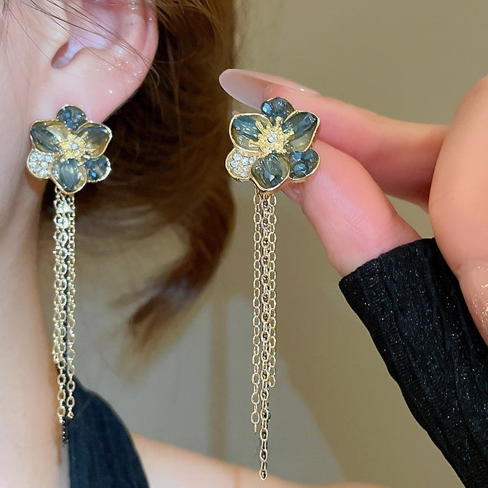 Alloy Rhinestone Flower Chain Tassel Crystal Drop Earrings Vintage Ethnic Style