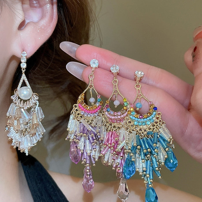 Zircon Crystal Teardrop Tassel Drop Earrings French Court Style Silver Needle Jewelry