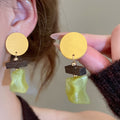 Silver Needle Round Wood Resin Geometric Irregular Pendant Drop Earrings For Women view 4