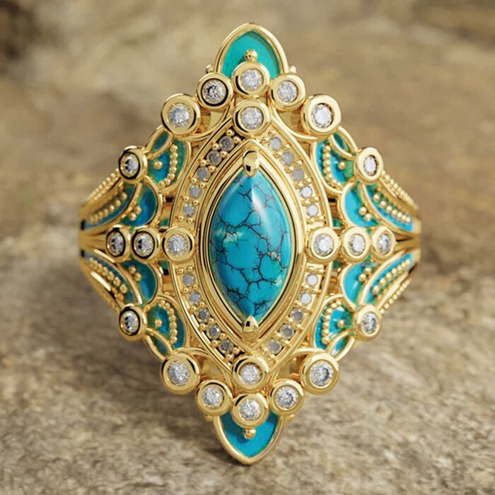 Faux Turquoise Marquise Metal Ring For Women, British Style Luxury Banquet Jewelry