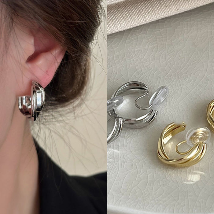 French Style Copper Geometric Round Cross Clip-on Earrings For Women Minimalist Metal Design