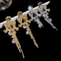 European Style Sparkling Zircon Floral Teardrop Tassel Metal Stud Drop Earrings view 2