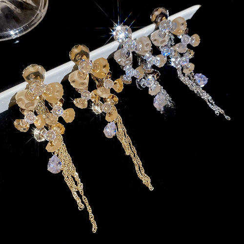 European Style Sparkling Zircon Floral Teardrop Tassel Metal Stud Drop Earrings
