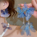 Fresh Sweet Fabric Mesh Butterfly Teardrop Tassel Crystal Drop Earrings view 1