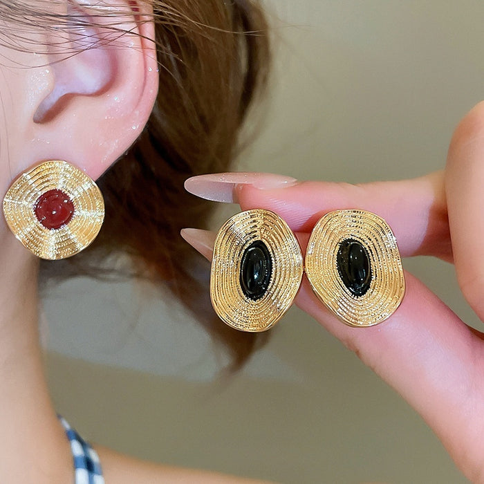 Alloy Enamel Round Oval Wrinkle Texture Stud Earrings European Court Style Women's Jewelry