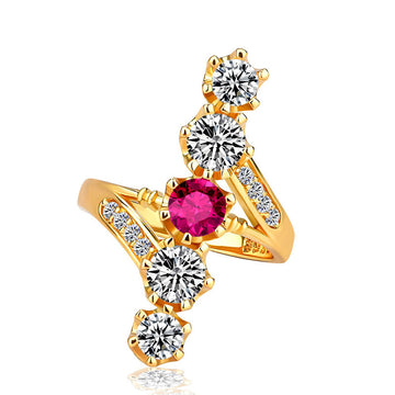 Gold Tone Cross Shape Ring With Red And Clear Stones