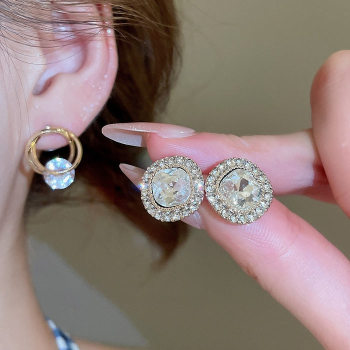 Alloy Silver Needle Sparkling Zircon Round Spiral Hollow Stud Earrings French Light Luxury Jewelry