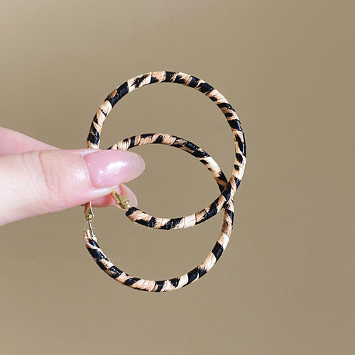Leather Leopard Print Geometric Round Teardrop Hoop Earrings With Silver Posts Vintage Style