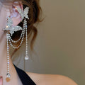 Diamond-Studded Asymmetrical Butterfly Tassel Alloy Clip-on Earrings, Luxury Geometric Statement For Non-Pierced Ears view 3