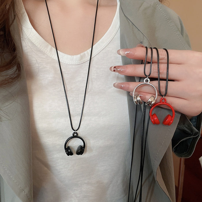 Alloy Enamel Earphone Pendant Sweater Necklace Geometric Round Sweet Cool Fashion Jewelry For Women