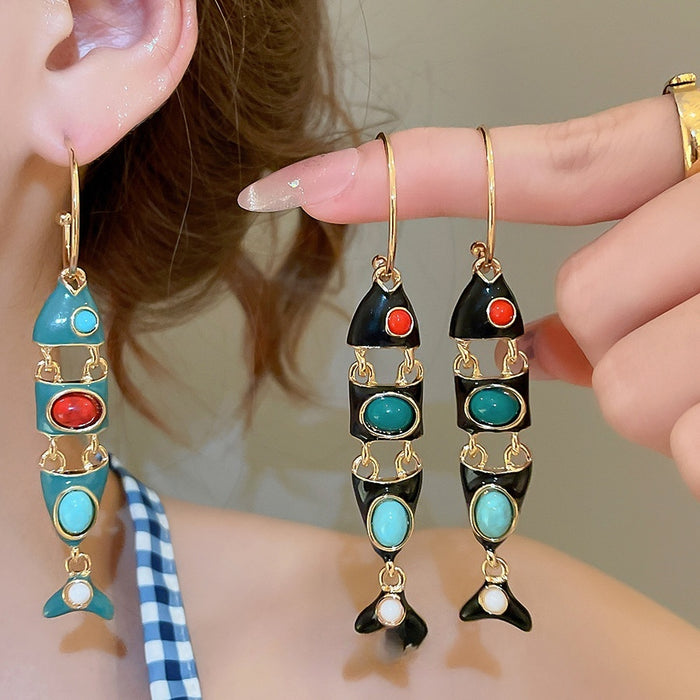 Vintage Ethnic Alloy Enamel Koi Fish Tassel C Shape Hoop Earrings With Silver Pins