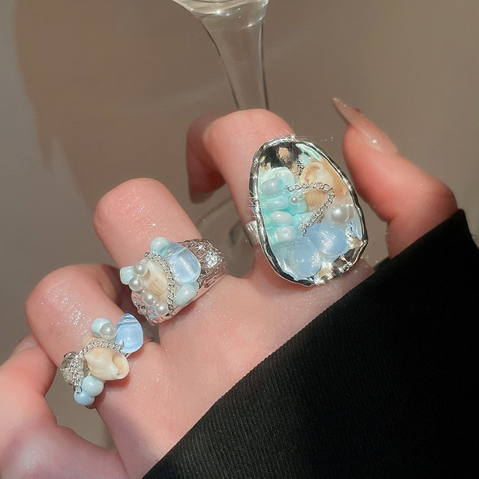 Shell Beaded Geometric Open Ring With Round Oval Stone Accent Vacation Style Index Jewelry