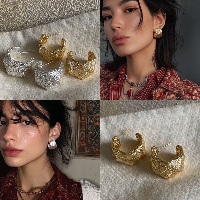 European American Style Metal Geometric C Shaped Crinkle Stud Earrings With Silver Posts