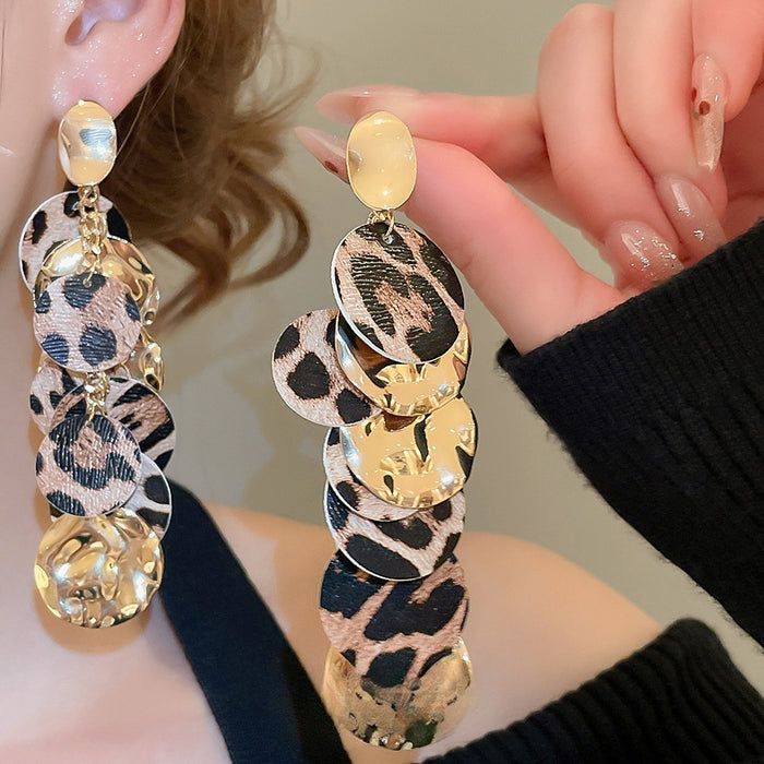 PU Leather Leopard Print Round Pleated Tassel Drop Earrings For Women Geometric Statement Style