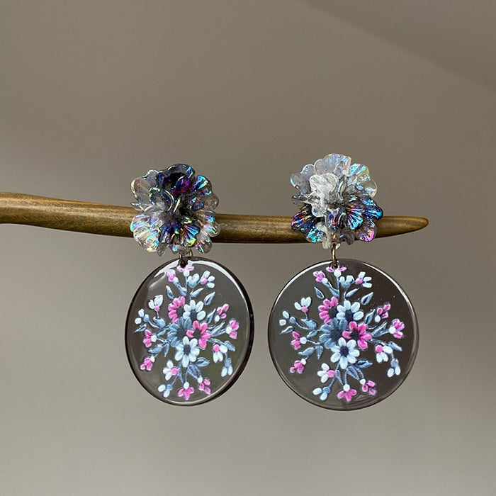 Colorful Printed Acrylic Round Flower Geometric Ethnic Style Stud Earrings For Women