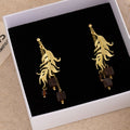 Vintage Luxury Gold Alloy Feather Leaf Dangle With Brown Square Crystal Bead Tassel Earrings view 2