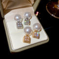 Copper Square Zircon Pearl Stud Earrings With Silver Pins French Light Luxury Geometric Style view 1