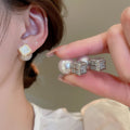 Copper Square Zircon Pearl Stud Earrings With Silver Pins French Light Luxury Geometric Style view 2