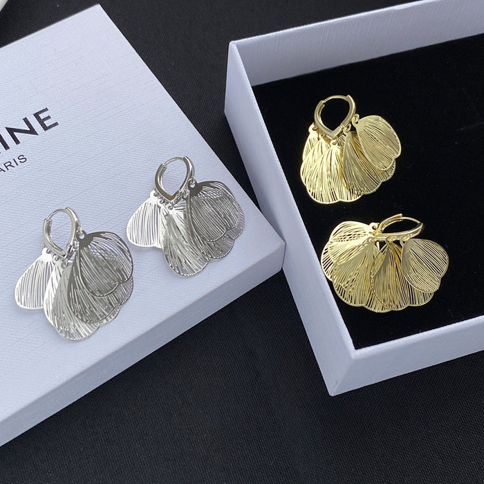Elegant Vintage French Ginkgo Leaf Petal Hollow Alloy Heart Huggie Hoop Drop Statement Earrings