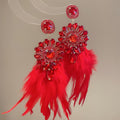 Vintage Ethnic Feather Tassel Earrings With Rhinestone Geometric Round Square Stud Design view 3