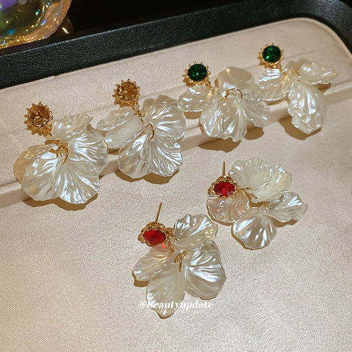 Elegant Zircon Pearl Petal Tassel Drop Earrings With Silver Pins Floral Geometric Design