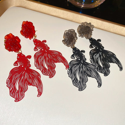 New Chinese Style Resin Flower Hollow Koi Pendant Drop Earrings With Silver Needles
