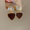 18K Gold Plated Copper Triangle Rhinestone Heart Court Style Drop Earrings With Silver Pins view 2