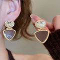 18K Gold Plated Copper Triangle Rhinestone Heart Court Style Drop Earrings With Silver Pins view 1