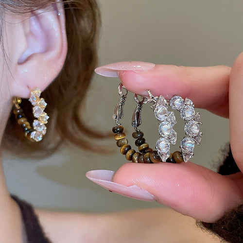 18K Gold Plated Copper Hoop Earrings With Silver Posts, Zircon Tiger Eye Vintage Design