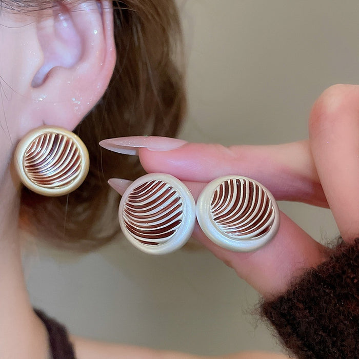Copper Geometric Round Textured Enamel Stud Earrings With Silver Posts French Court Style