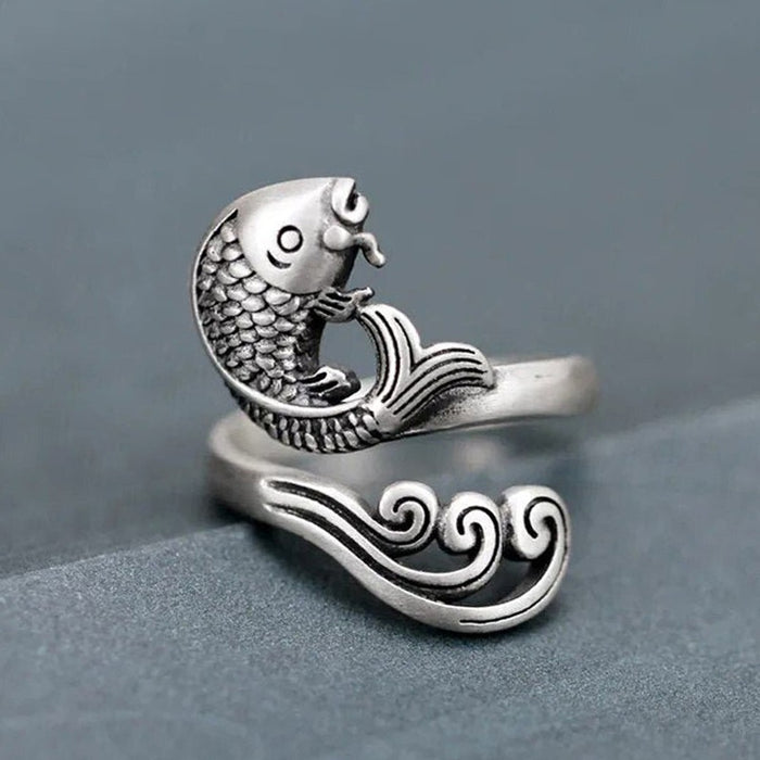 Adjustable Open Koi Fish Ring, Retro Lucky Auspicious Accessory For New Year Gift Fashion Jewelry