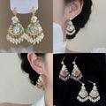 Crystal Rhinestone Geometric Flower Tassel Drop Earrings, Vintage Ethnic Style view 1