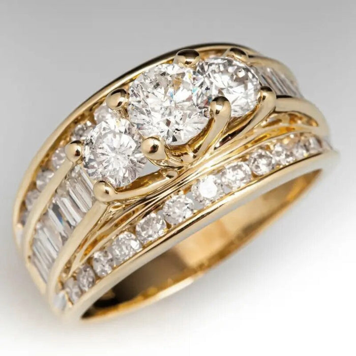 Old Money Style Three Row Combination Ring For Women Geometric Round Four Prong Setting
