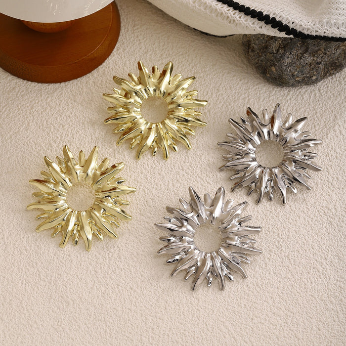 Luxury Irregular Radiant Sunflower Alloy Studs For Women, 3D Hollow Polygon Metal Sunburst Earrings