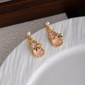Elegant Pearl Stud Gourd Drop Gold Alloy With Enamel Flower And Rhinestone Accent Earrings view 4