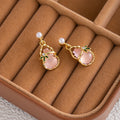 Elegant Pearl Stud Gourd Drop Gold Alloy With Enamel Flower And Rhinestone Accent Earrings view 2