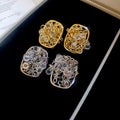 18K Gold Plated Silver Post Crystal Square Hollow Stud Earrings French Court Luxury Style view 2