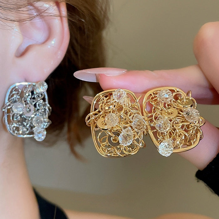 18K Gold Plated Silver Post Crystal Square Hollow Stud Earrings French Court Luxury Style