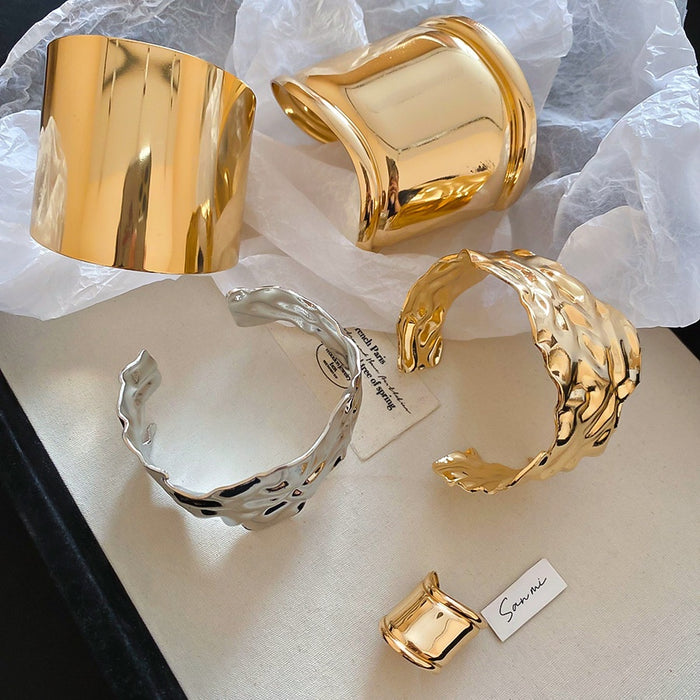Punk Wide Cuff Alloy Bangle With Pleated Wrinkle Texture For Women