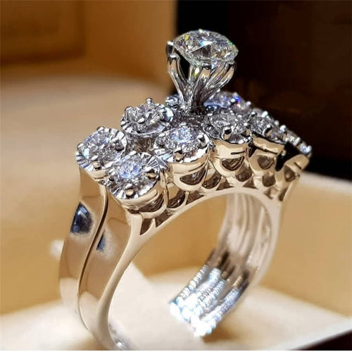 Silver-Tone High Set Round Solitaire Ring With Pave Shoulders shown in front product view