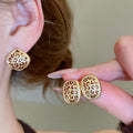 Copper Enamel Leopard Print Diamond Oval French Retro Light Luxury Stud Earrings view 2