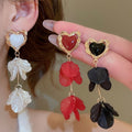 French Court Style Acrylic Petal Tassel Drop Earrings With Silver Pins And Heart Detail view 2